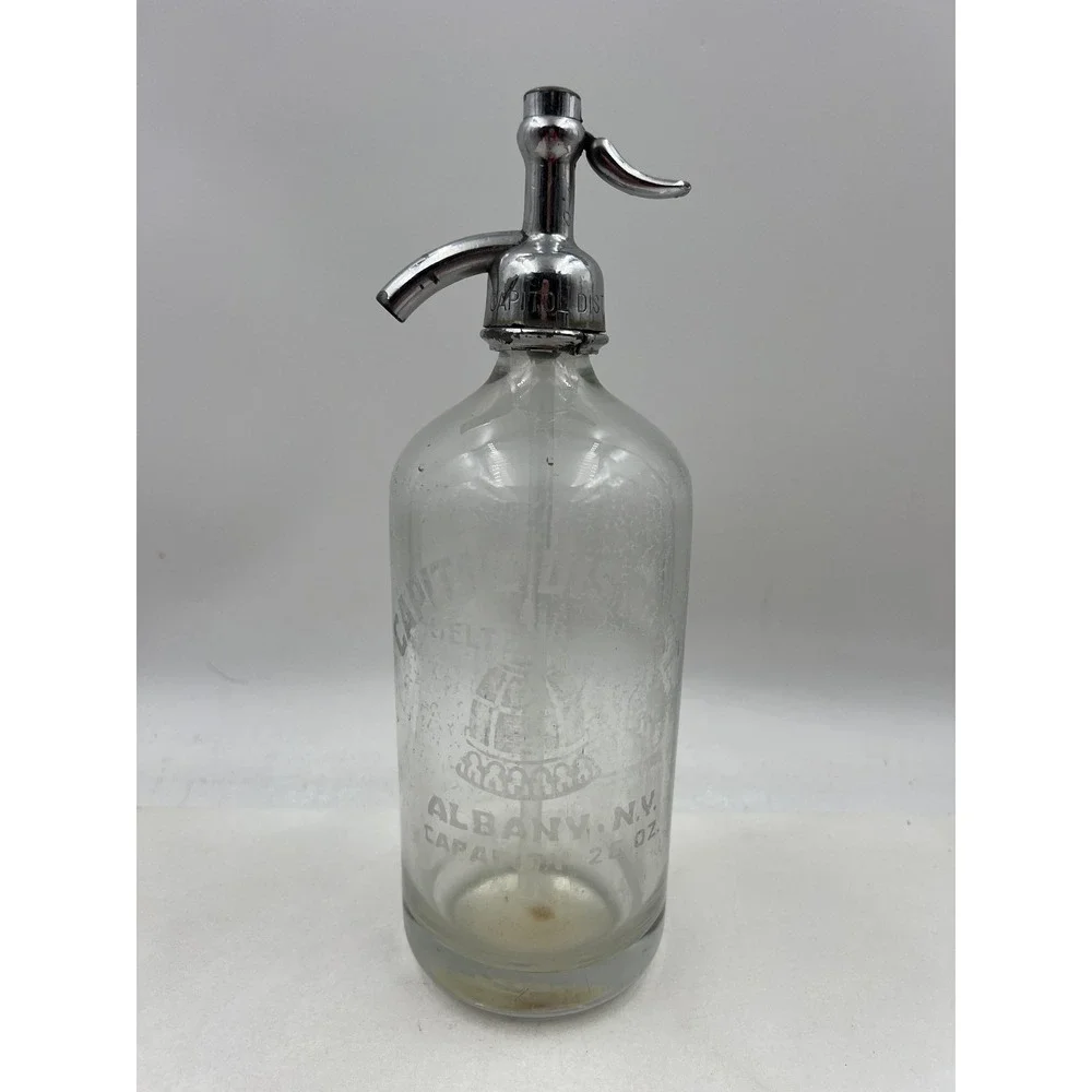 VTG Capitol District Seltzer Bottle Clear Glass Albany New York Large Dome 1920s